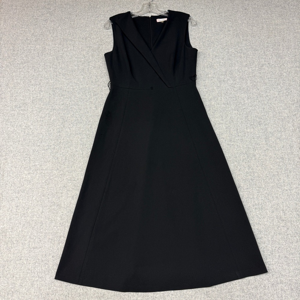 Calvin Klein Black Sleeveless A-Line Midi Dress 10 V-Neck Shawl Professional